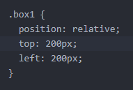 css of box1 showing postition relative and shifting box1 down 100px and over 100px