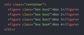 html of divs with box and box1 box2 etc classes nested in a container div