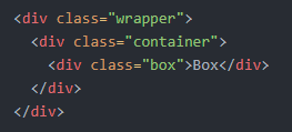 html showing 3 divs with classes of wrapper, container, and box, nested