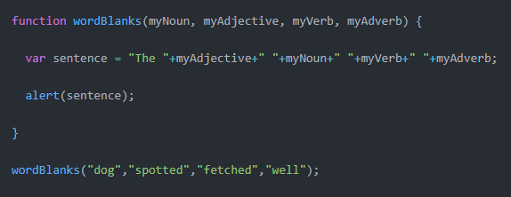 code from text editor that shows how to use functions for the Mad Libs Word Blanks exercise that will return a sentence made with an input noun, adjective, verb, and adverb
