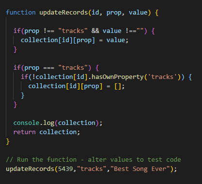FreeCodeCamp record collection challenge code using hasownproperty and the not operator